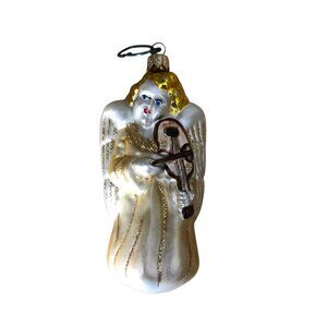 BK Brass Key Hand Blown Glass Angel with Violin Christmas Ornament Gold White 6"